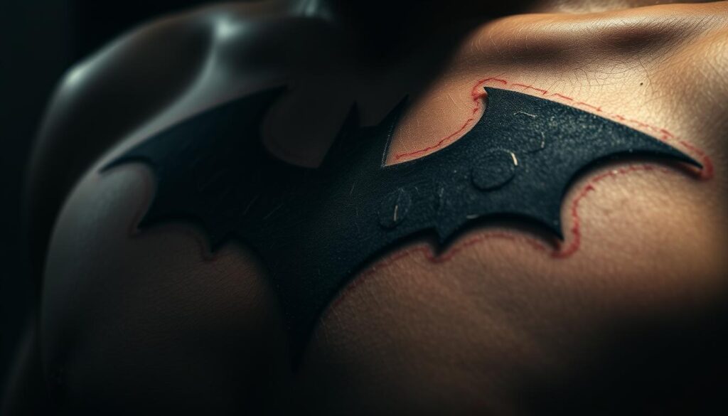 A highly detailed and cinematic close-up of a realistic Batman tattoo inspired by the movie adaptations. The tattoo depicts the iconic Bat symbol against a backdrop of dramatic, moody lighting and shadows, resembling the gritty aesthetics of the films. The symbol is rendered with intricate linework and textures, appearing as if etched into the skin. The surrounding skin has a tactile, lifelike quality, with visible pores and subtle muscle definition. The overall composition emphasizes the powerful, brooding nature of the design, evoking the dark and intense spirit of the Batman character.