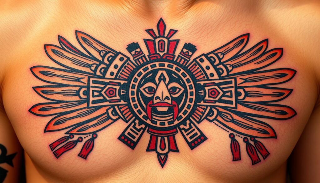 A highly detailed and vivid traditional Aztec tattoo design, featuring intricate geometric patterns, symbolic motifs, and bold colors. The tattoo is rendered on the skin with a sense of depth and texture, as if it has been meticulously inked by a skilled Aztec artist. The design is centered and fills the frame, with a slight natural lighting from above, casting subtle shadows to accentuate the dimensional quality. The overall atmosphere is one of cultural heritage, ancestral wisdom, and the sacred significance of body art in Aztec civilization.