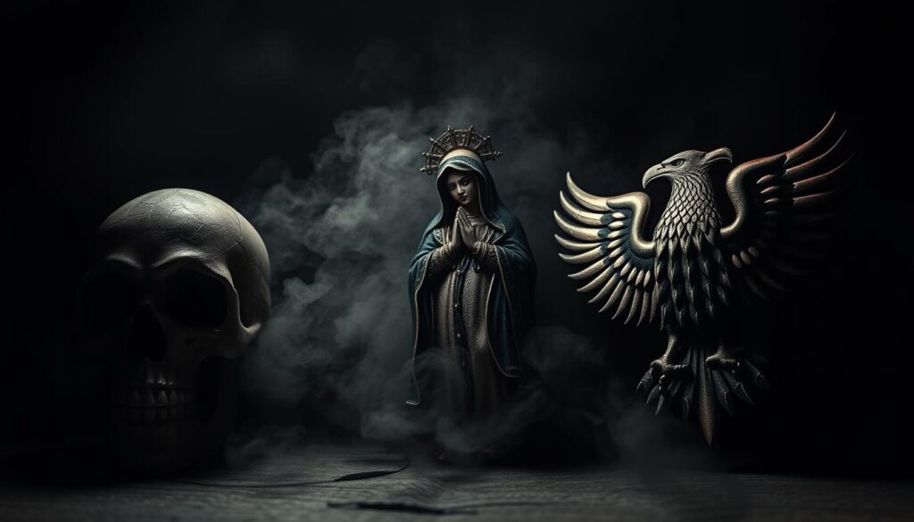 A highly detailed, close-up composition showcasing a collection of iconic Chicano tattoo symbols against a dark, textured background. In the foreground, intricate designs like the Calavera (skull), the Guadalupe Virgin, and the Aztec Eagle are rendered with meticulous precision, their lines and shading capturing the bold, gritty aesthetic of traditional Chicano tattooing. The middle ground features a hazy, atmospheric effect, creating depth and a sense of mystery. Dramatic chiaroscuro lighting casts dramatic shadows, highlighting the symbols' three-dimensional forms and imbuing the scene with a moody, cinematic quality. The overall tone is one of cultural pride, defiance, and the enduring legacy of Chicano artistic expression.