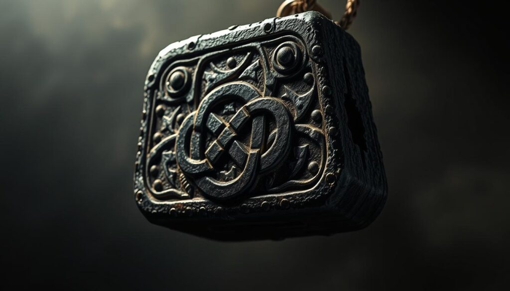 A highly detailed, close-up illustration of a Thor's Hammer tattoo design, with a rugged, weathered appearance and a focus on the intricate Nordic knot patterns and runes that adorn the hammer's surface. The design should be rendered with a sense of power and ancient mysticism, capturing the essence of Norse mythology and the god of thunder, Thor. Dramatic lighting from the side casts deep shadows, emphasizing the hammer's bold, angular form and the textural elements of the tattoo. The background should be muted and atmospheric, allowing the hammer to be the central, captivating focus of the image.