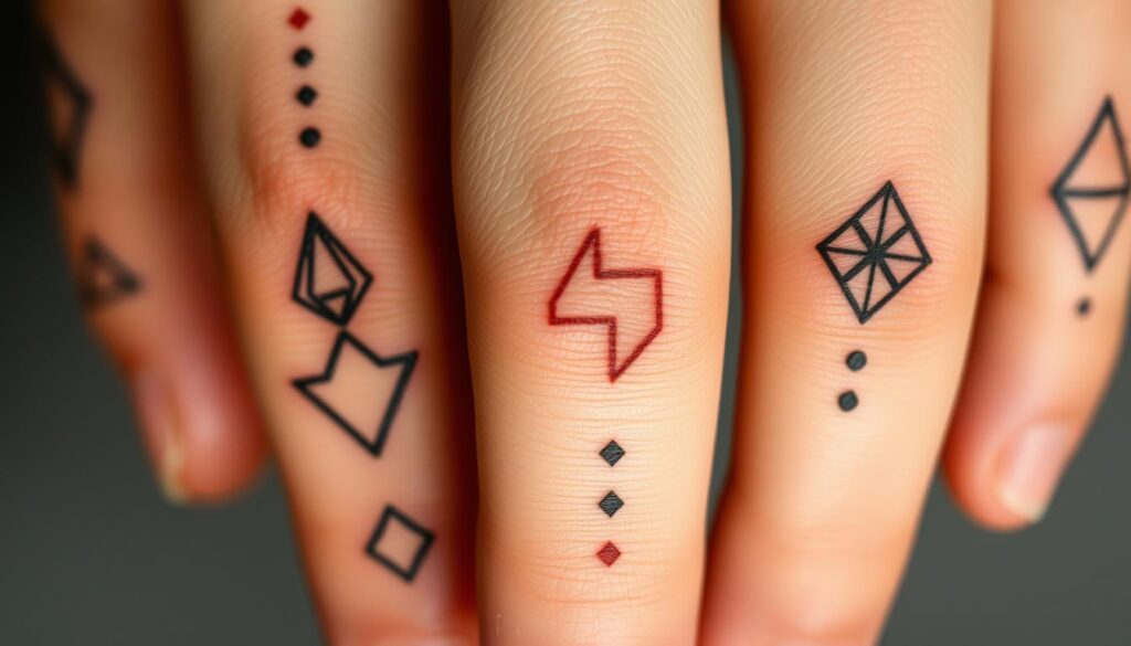 A highly detailed, close-up view of several geometric finger tattoo designs, featuring a variety of clean, minimalist patterns and shapes in a muted, earthy color palette. The tattoos are depicted on a neutral, natural skin tone, with a soft, diffused lighting that accentuates the intricate linework and subtle gradients. The composition emphasizes the tactile, personal nature of these delicate, stylized finger tattoos, capturing their artful, fashion-forward aesthetic.
