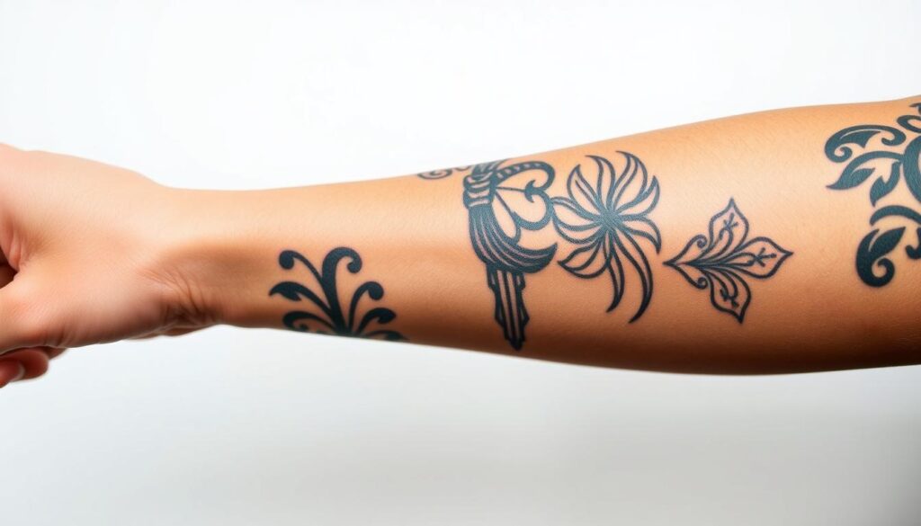A highly detailed, close-up view of various tattoo adjustment options on a human forearm, showcased against a clean, minimalist background. The lighting is soft and diffused, accentuating the intricate textures and colors of the tattoos. The focus is sharp, allowing for a clear examination of the different techniques, such as cover-ups, touch-ups, and laser removal. The composition is balanced, with the tattoos occupying the central focus, and the background providing a neutral, uncluttered space to highlight the subject matter. The overall mood is informative and educational, inviting the viewer to explore the possibilities for adjusting and maintaining one's tattoos.