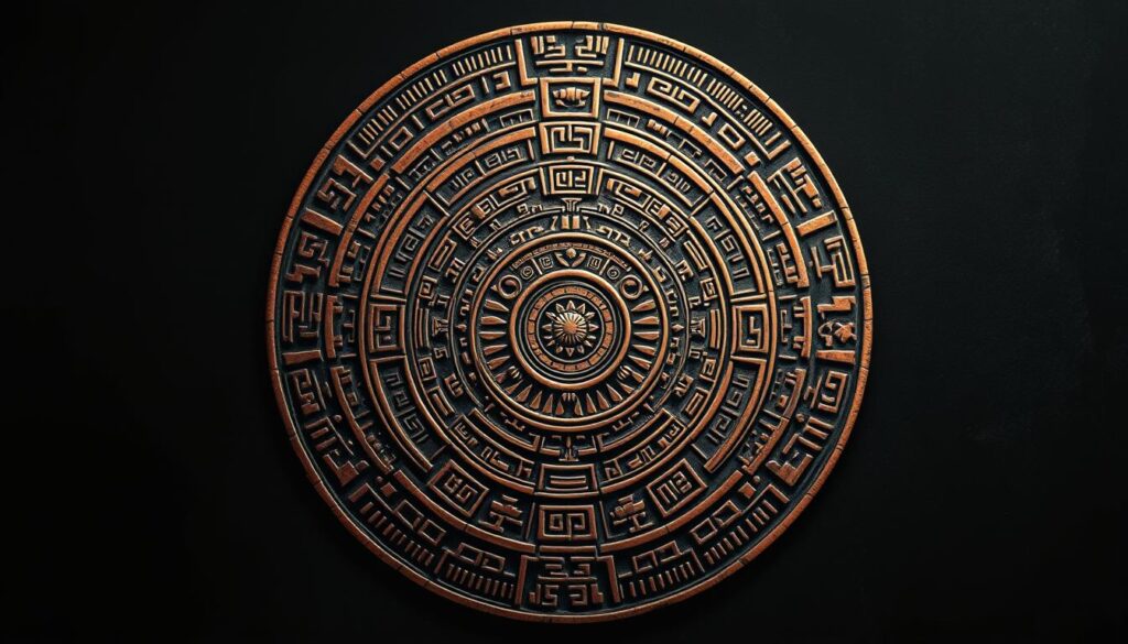 A highly detailed, finely etched Aztec calendar tattoo design, featuring intricate concentric circles, symbolic glyphs, and ornate geometric patterns. The design is rendered in a bold, high-contrast style, with a mix of deep blacks, warm earth tones, and subtle metallic accents that give it a sense of ancient, weathered elegance. The calendar is depicted against a shadowy, moody background that evokes the rich cultural heritage and mysticism of Mesoamerican civilizations. The composition is tightly framed, emphasizing the iconic, iconic-like quality of the tattoo motif, captured with a sharp, close-up perspective and dramatic chiaroscuro lighting.