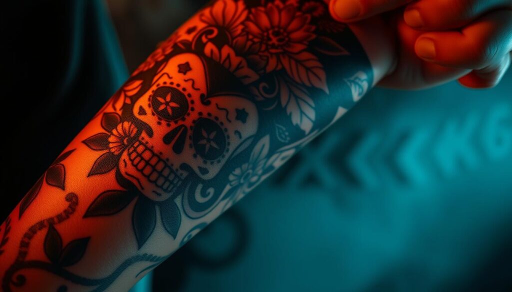 A highly detailed, hyper-realistic chicano tattoo design, showcasing intricate shading, bold linework, and vibrant colors. The design features a classic sugar skull motif with ornate floral elements, set against a backdrop of dramatic light and shadow. The tattoo is prominently displayed on the forearm, emphasizing its placement as a statement piece. The lighting is dramatic, with a mix of warm and cool tones that accentuate the depth and texture of the ink. The overall atmosphere is bold, edgy, and evocative of Chicano gang culture and heritage.