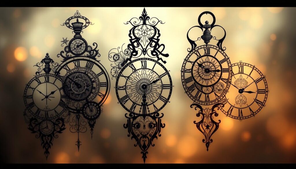 A highly detailed, hyper-realistic illustration of several artistic clock tattoo designs against a softly blurred, ethereal background. The tattoos are intricately rendered, showcasing a variety of styles such as traditional American, neo-traditional, blackwork, and photorealistic. The designs feature elements like gears, roman numerals, and minimalist linework, arranged in visually striking compositions. The lighting is dramatic, with a warm, golden hue creating an atmospheric, almost mystical ambiance. The image is captured from a slightly elevated angle, allowing the viewer to appreciate the craftsmanship and creativity of these captivating clock tattoo concepts.