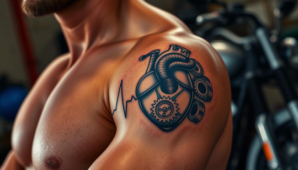A highly detailed, hyper-realistic tattoo on tanned skin, featuring a pulsing heartbeat design with mechanical components like gears, pistons, and turbines. The tattoo is prominently displayed on the subject's upper arm, with a sharp, cinematic lighting that accentuates the intricate linework and shading. The background is blurred, but hints at a garage or workshop setting, with the faint silhouettes of motorcycle parts visible. The overall mood is one of power, passion, and the fusion of man and machine.