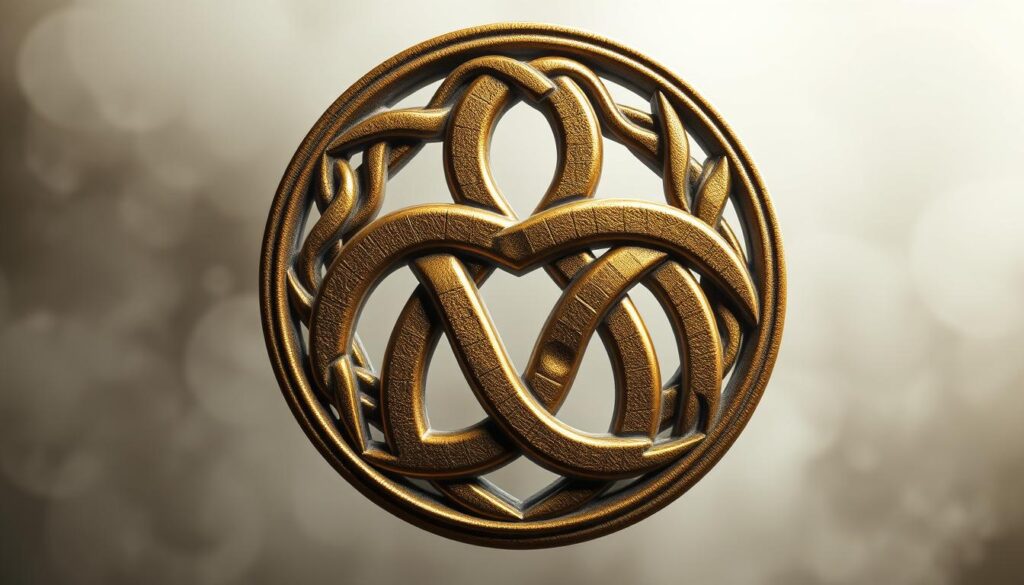 A highly detailed, ornately carved trinity knot symbol, rendered in a warm, golden tone with subtle shadows and highlights. The intricate, interlacing design fills the frame, with a tactile, almost sculptural quality. The background is a soft, hazy gradient, allowing the central symbol to take center stage. The lighting is soft and diffused, creating a tranquil, meditative atmosphere. The overall composition conveys the timeless elegance and symbolic significance of this iconic Celtic motif.