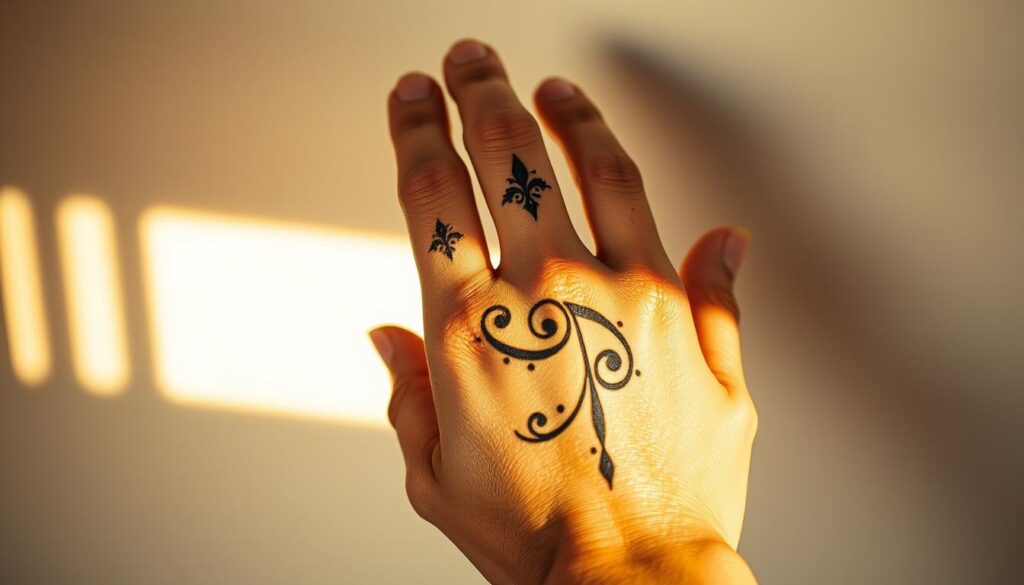 A highly detailed, photorealistic hand tattoo design on a tanned, lifelike hand against a simple, softly lit background. The tattoo features intricate, flowing linework and delicate shading, creating a bold, meaningful pattern that wraps elegantly around the fingers and the back of the hand. The design is visually striking yet subtle, with a focus on balance, symmetry, and organic shapes that suggest themes of nature, spirituality, or personal significance. The lighting is warm and directional, casting soft shadows that accentuate the tactile quality of the skin and the depth of the tattoo's ink. The overall composition and mood evoke a sense of personal expression, craftsmanship, and the enduring nature of this meaningful body art.