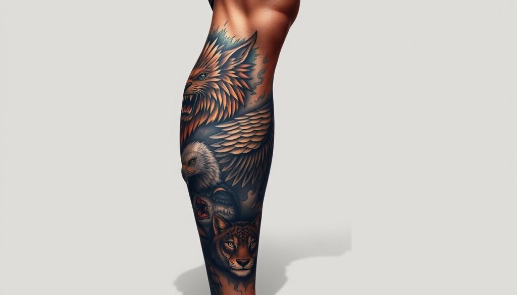 A highly detailed, photorealistic illustration of a human knee covered in intricate, animal-inspired tattoo designs. The tattoos feature majestic creatures such as a roaring lion, a prowling wolf, and a soaring eagle, each rendered with striking realism and vibrant colors. The leg is positioned in a three-quarter view, with the knee prominently displayed against a clean, minimalist background that allows the tattoos to take center stage. Dramatic, directional lighting casts dramatic shadows, accentuating the texture and shading of the tattoos. The overall mood is one of power, strength, and artistic expression.