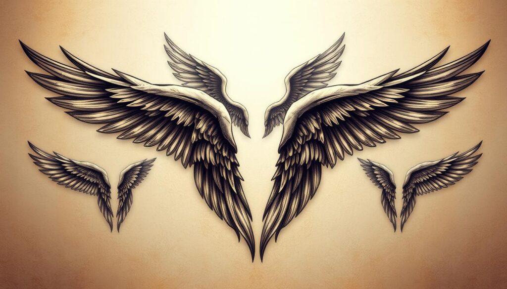 A highly detailed, photorealistic image of 999 unique tattoo designs featuring elegant angel wings, arranged in a visually striking and aesthetically pleasing composition. The tattoos should be showcased against a muted, ethereal background that enhances their intricate details and symbolic significance. Utilize warm, diffused lighting to create a serene, contemplative atmosphere. Capture the designs from a slightly elevated, three-quarter angle to provide a comprehensive view while maintaining a sense of balance and harmony. Ensure that the overall image effectively conveys the beauty, meaning, and significance of these popular 999 tattoo designs.