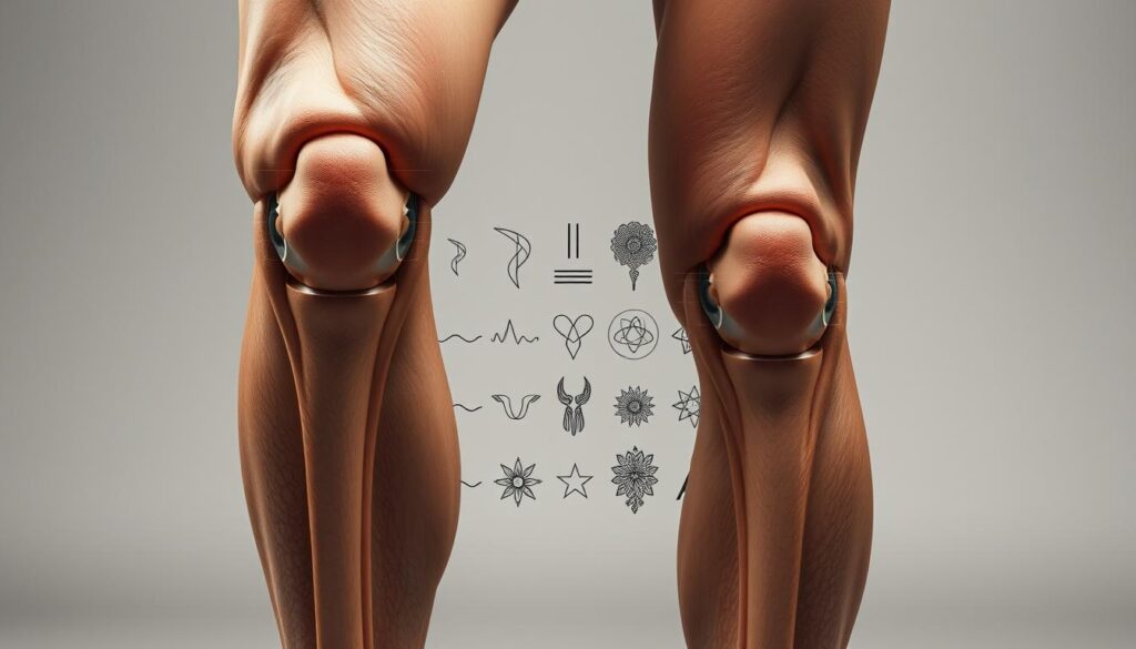 A highly detailed, photorealistic image of the human knee showcasing various tattoo placement options. The foreground prominently displays the knee joint from multiple angles, highlighting the kneecap, ligaments, and surrounding skin. The middle ground features a selection of tattoo designs ranging from minimalist line art to intricate patterns, arranged in a visually compelling layout. The background softly blurs into a neutral, studio-like setting with subtle, evenly distributed lighting that accentuates the textures and contours of the knee. The overall tone is informative yet aesthetically pleasing, providing a comprehensive visual reference for individuals considering a knee tattoo.