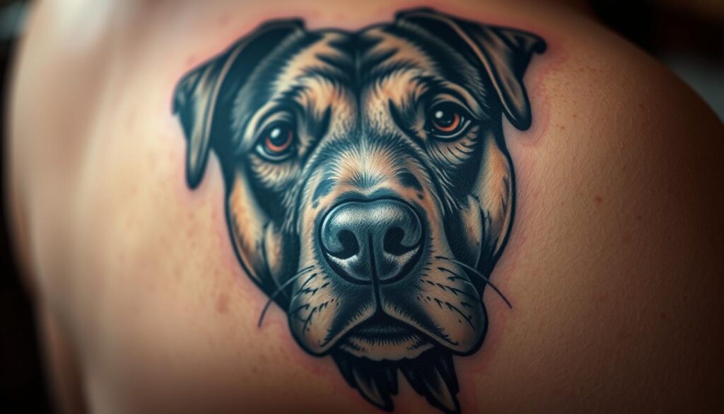 A highly detailed, photorealistic portrait of a dog's face tattoo, seen in close-up. The tattoo is inked on human skin, showcasing the dog's expressive eyes, textured fur, and subtle shading that captures the animal's lifelike essence. The tattoo is illuminated by soft, directional lighting that accentuates the dimensional quality of the design, creating a sense of depth and realism. The background is blurred, keeping the focus solely on the intricate tattoo work. The overall mood is one of reverence and heartfelt tribute, reflecting the deep bond between the dog and its owner.