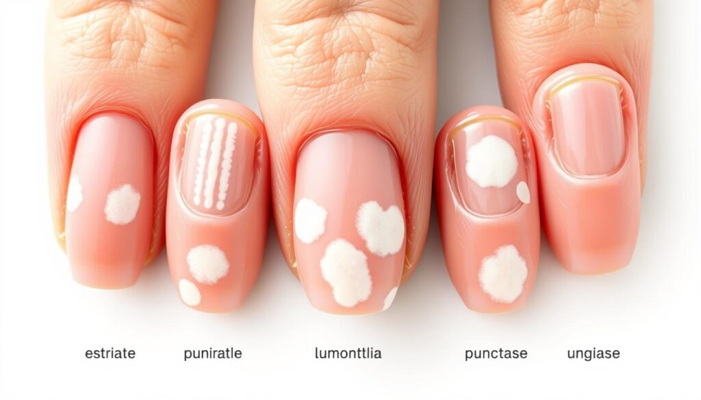 A highly detailed scientific illustration of various types of leukonychia, the medical condition characterized by white spots or streaks on the fingernails. The image should depict several nails, each showcasing a distinct form of leukonychia, such as true leukonychia, striate leukonychia, and punctate leukonychia. The nails should be rendered with precision, highlighting the subtle variations in pattern, shape, and opacity of the white discolorations. The lighting should be bright and evenly distributed, creating a clean, clinical atmosphere that emphasizes the medical nature of the subject. The composition should be well-balanced, with the nails positioned centrally and occupying a significant portion of the frame. The background should be neutral, allowing the nails to take center stage and convey a sense of scientific study and understanding. A highly detailed scientific illustration of various types of leukonychia, the medical condition characterized by white spots or streaks on the fingernails. The image should depict several nails, each showcasing a distinct form of leukonychia, such as true leukonychia, striate leukonychia, and punctate leukonychia. The nails should be rendered with precision, highlighting the subtle variations in pattern, shape, and opacity of the white discolorations. The lighting should be bright and evenly distributed, creating a clean, clinical atmosphere that emphasizes the medical nature of the subject. The composition should be well-balanced, with the nails positioned centrally and occupying a significant portion of the frame. The background should be neutral, allowing the nails to take center stage and convey a sense of scientific study and understanding.