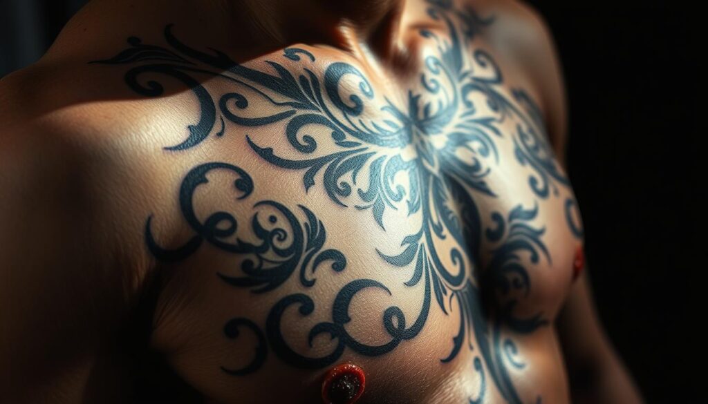 A highly detailed tattoo design featuring intricate, flowing patterns and symbols. The design is rendered in a realistic, high-contrast style with a focus on the interplay of light and shadow. The tattoo is depicted on a realistic human skin texture, capturing the nuanced shades and contours of the body. The composition emphasizes the complexity and artistry of the tattoo, showcasing the level of detail and craftsmanship that can influence its cost. The lighting is dramatic, casting dramatic shadows and highlights to accentuate the depth and dimensionality of the design. The overall mood is one of artistic sophistication and the careful attention to detail that goes into creating a truly exceptional tattoo.