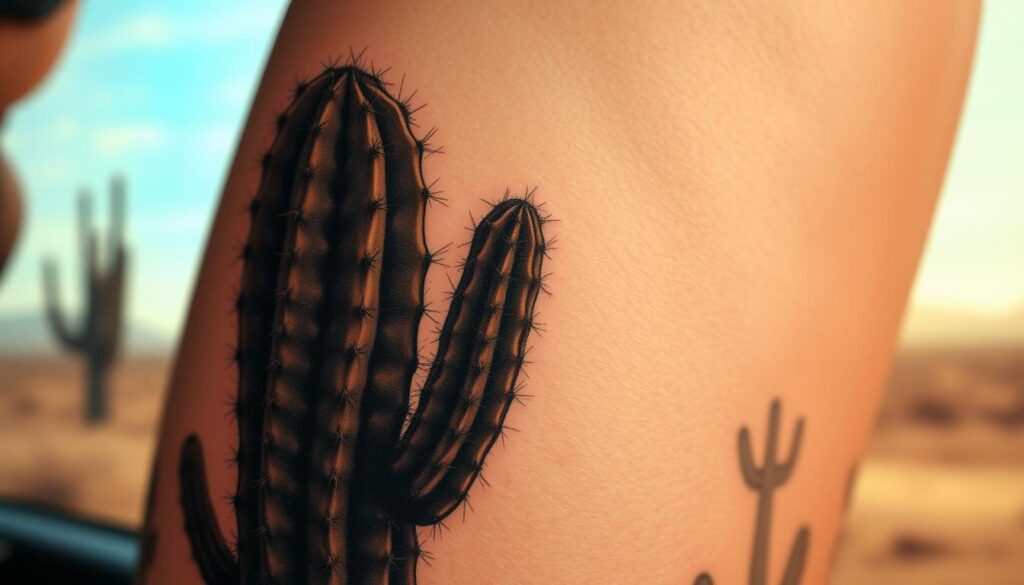 A highly detailed tattoo of a cactus in the foreground, with intricate linework and shading capturing the succulent's distinct ridges and spines. The cactus is set against a blurred desert landscape in the middle ground, with a warm, golden-hued sky in the background, creating a sense of arid, southwestern atmosphere. The lighting is soft and directional, casting subtle shadows that accentuate the cactus's sculptural form. The overall tone is one of rugged, earthy symbolism, reflecting the cactus's resilience and adaptability in harsh environments.