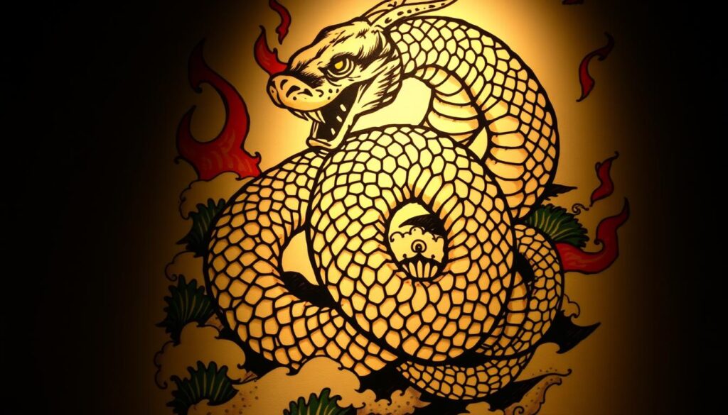 A highly detailed, traditional-style tattoo illustration featuring a large, ornately-coiled serpent or reptile motif in the foreground. The creature's scales and sinuous body are rendered with meticulous precision, capturing the classic American traditional style with bold black outlines, vivid colors, and a vintage aesthetic. The background contains supporting elements like flames, waves, or other traditional tattoo iconography to complement the central reptilian design. Dramatic, moody lighting casts dramatic shadows, emphasizing the tattoo's bold, graphic qualities. The overall composition is tightly framed, highlighting the intricate details of the traditional tattoo art.