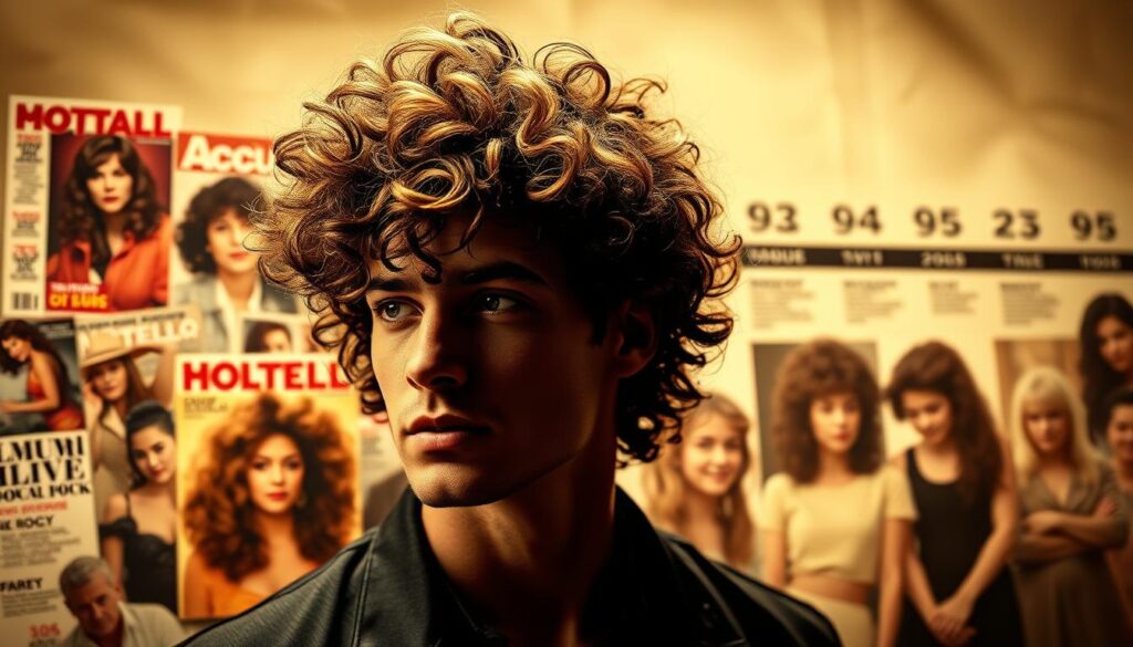 A historical depiction of the curly wolf cut hairstyle, showcasing its evolution and celebrity influence. In the foreground, a stylized portrait of a person with voluminous, tousled curly hair in the signature wolf cut shape, captured in a dramatic, high-contrast lighting that accentuates the texture and movement of the locks. In the middle ground, a collage of vintage magazine covers and paparazzi shots featuring famous figures sporting the wolf cut over the decades, from 70s rock stars to modern-day trendsetters. The background features a blurred, sepia-toned timeline of wolf cut hairstyles throughout history, conveying a sense of the style's enduring appeal and cultural significance. Rendered in a cinematic, editorial style that evokes the glamour and legacy of this iconic hairstyle.