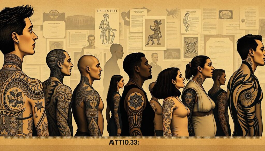 A historical timeline of neck tattoos, showcased in a stylized illustration. In the foreground, a series of detailed tattoo designs from various eras, ranging from ancient tribal motifs to contemporary minimalist patterns. The middle ground features silhouettes of individuals with neck tattoos, representing the evolution of this body art across cultures and time periods. In the background, a muted, sepia-toned collage of archival imagery, sketches, and ephemera that captures the rich tapestry of neck tattoo history. Dramatic chiaroscuro lighting casts dramatic shadows, lending an atmospheric, documentary-like quality to the scene. Rendered in a muted, earthy color palette to evoke a sense of timelessness.
