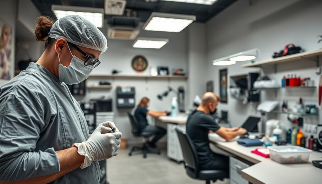 A hygienic tattoo studio with clean, well-lit workstations. In the foreground, a tattoo artist wearing sterile gloves and a face mask demonstrates proper sanitation techniques, such as wiping down surfaces with disinfectant. In the middle ground, a person receives a tattoo while the artist follows strict safety protocols. The background showcases various tattoo-related equipment, including sterilized needles, inks, and other supplies, emphasizing the importance of a professional, hygienic environment. The lighting is bright and even, creating a sense of cleanliness and professionalism. The overall atmosphere conveys the crucial importance of maintaining high hygiene standards in the tattoo industry, especially for individuals with medical conditions like diabetes.