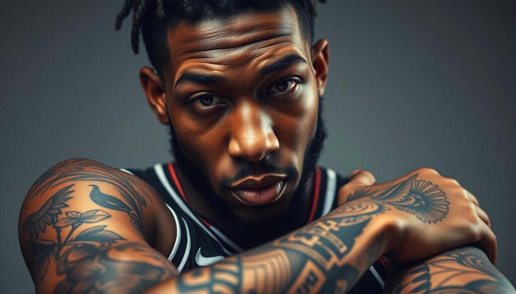 A hyper-detailed, close-up portrait of NBA player Ja Morant, showcasing his elaborate sleeve tattoos. The foreground focuses on Morant's arms, capturing the intricate designs, textures, and colors of his ink collection with photorealistic precision. The background is softly blurred, placing the emphasis entirely on the tattoos. Dramatic studio lighting casts dramatic shadows, heightening the visual impact. Captured at a slight angle to create a dynamic, powerful composition that highlights Morant's distinctive personal style and ink as the central subject.
