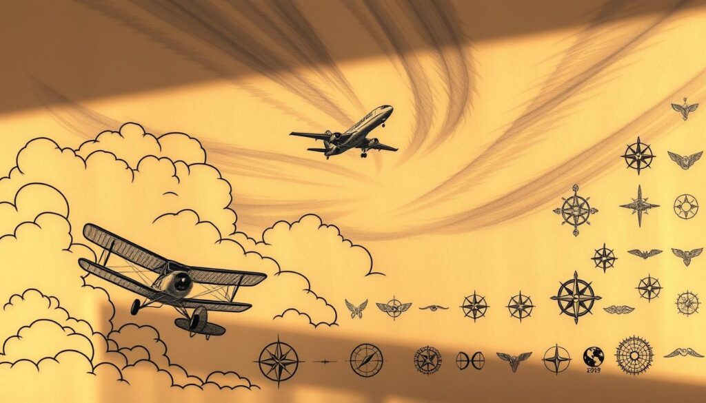 A hyper-detailed, high-resolution image of airplane tattoo designs, showcasing various aviation-inspired ink. In the foreground, intricate line work depicts a biplane, its wings outstretched against a bold, cloudy sky. In the middle ground, a sleek jet soars through wispy cirrus clouds, casting dramatic shadows below. The background features a collection of smaller, minimalist tattoo designs - propellers, wings, compasses, and other symbols of adventure and exploration. The lighting is soft and natural, with a warm, golden tone that evokes a sense of wanderlust and freedom. Captured with a wide-angle lens to provide a panoramic view, the overall composition conveys the spirit of travel and the allure of permanent mementos from life's journeys.