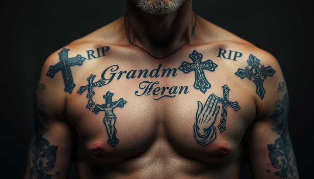A hyper-detailed, photorealistic rendering of several "RIP grandma" tattoos on a male torso, featuring intricate religious symbols and imagery. The tattoos are depicted with a high level of realism, showcasing the texture of skin, ink, and shading. The composition places the tattoos prominently in the center, with a moody, dramatic lighting that casts shadows and highlights the details. The background is softly blurred, keeping the focus on the tattoo designs which include crosses, praying hands, rosary beads, and other Catholic iconography. The overall tone is somber and reflective, capturing the memorial nature of the subject matter.
