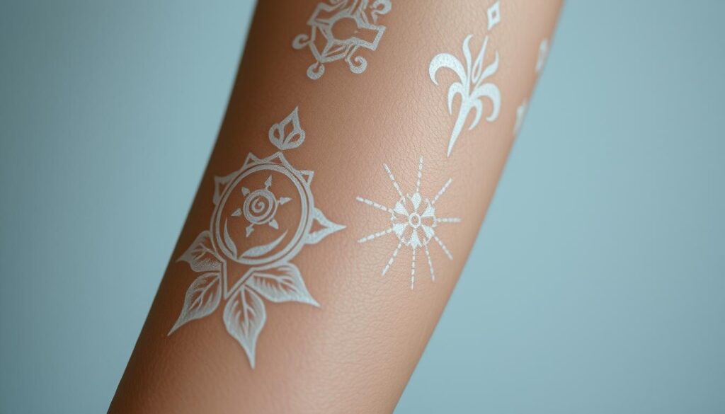 A hyper-realistic close-up of a person's arm, showcasing a series of striking "bleach tattoos" against a slightly mottled, pale skin tone. The bleached designs appear as ghostly, almost iridescent patterns, ranging from intricate swirls and geometric shapes to more abstract, organic forms. The lighting is soft and diffused, creating a hazy, ethereal atmosphere that emphasizes the otherworldly quality of the tattoos. The composition focuses tightly on the tattoos, filling the frame and drawing the viewer's attention to the unique and captivating nature of this alternative body art technique.