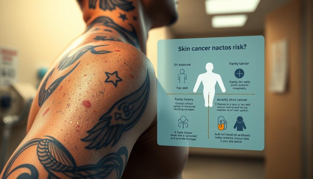 A hyper-realistic digital painting of skin cancer risk factors with tattoos. In the foreground, a close-up view of a person's arm, showcasing intricate tattoo designs. The skin has noticeable moles, freckles, and discolored patches, indicating potential signs of sun damage and increased skin cancer risk. The middle ground features a detailed medical diagram overlaying the arm, highlighting key risk factors such as UV exposure, fair skin, and a family history of skin cancer. The background is a softly blurred medical environment, with subtle lighting that casts a warm, clinical tone. The overall composition conveys a sense of concern and the need for vigilance regarding skin health, even for individuals with tattoos.