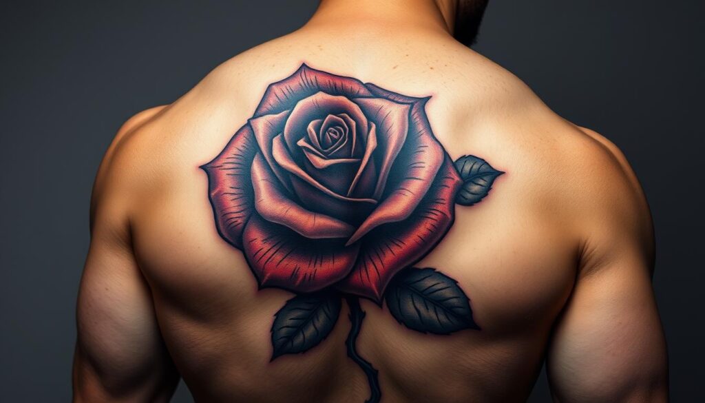 A hyper-realistic, high-resolution image of a masculine, bold, and striking rose tattoo design. The rose is depicted with a dark, rich color palette, accentuating its thorns and a rugged, textured appearance. The petals are slightly unfurled, conveying a sense of power and resilience. The design is rendered with a chiaroscuro lighting effect, creating dramatic shadows and highlights that emphasize the tattoo's three-dimensional quality and muscular placement on the subject's body. The background is a neutral, muted tone that allows the tattoo to be the focal point, showcasing its intricate details and commanding presence.
