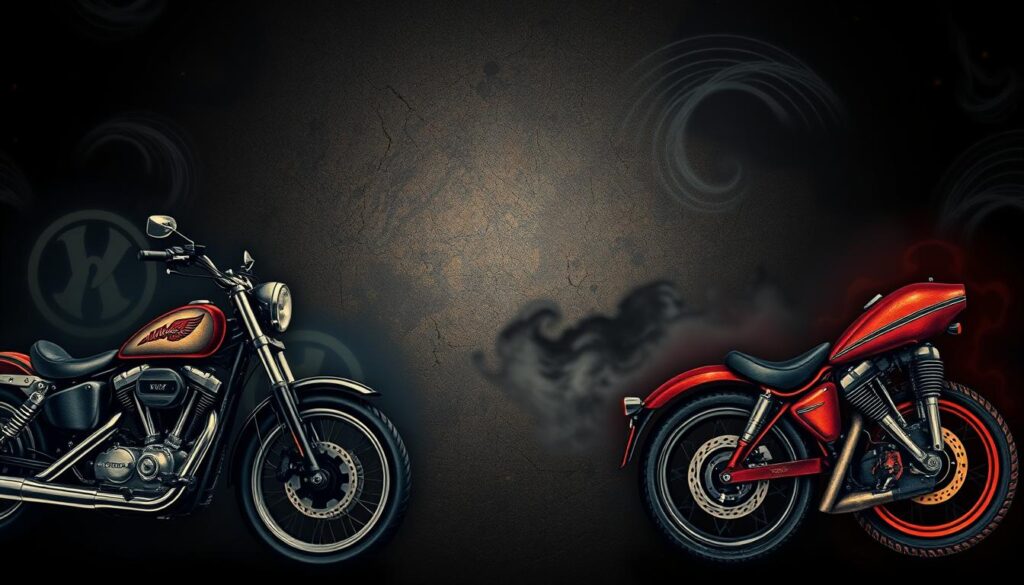 A hyper-realistic, high-resolution image of iconic motorcycle tattoo designs, showcased against a dark, moody background with dramatic lighting. In the foreground, intricate tattoo art features bold outlines and vibrant, saturated colors depicting classic motorcycle elements such as chrome parts, engines, and silhouetted riders. The middle ground features a distressed, weathered texture reminiscent of aged leather or vintage motorcycle fuel tanks. In the background, a swirling, atmospheric composition evokes a sense of movement and energy, with trails of smoke or sparks adding to the dynamic feel. The overall composition conveys the rebellious, adventurous spirit of motorcycle culture and the timeless appeal of iconic tattoo designs.