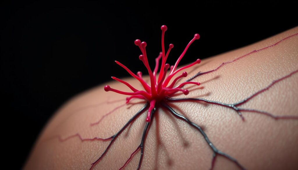 A hyper-realistic, highly detailed close-up illustration of nerve endings under the skin, resembling a tattoo sensation. The skin texture is rendered with meticulous precision, showcasing the intricate network of nerves and capillaries. The focal point is a cluster of nerve endings, depicted as vibrant, pulsating strands in shades of red, pink, and purple, conveying the intense sensation of a tattoo needle penetrating the dermis. The background is dark and muted, placing the emphasis solely on the nerve endings and the tactile experience of the tattoo process. Dramatic side lighting casts dramatic shadows, heightening the sense of depth and three-dimensionality. The overall mood is visceral, immersive, and evocative of the pain and pleasure associated with the tattoo experience.
