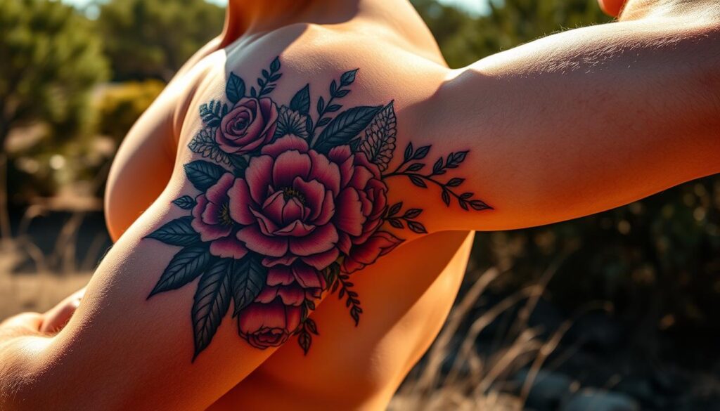 A hyper-realistic, highly detailed photograph of a modern, masculine floral tattoo design on a tanned, muscular male arm in an outdoor natural setting. The tattoo features a bold, dynamic composition of vibrant, richly-colored flowers such as roses, peonies, and chrysanthemums, complemented by organic, flowing leaf and vine elements. The design is rendered with a sophisticated, graphic sensibility, capturing the tension between the rugged masculinity of the subject and the delicate, feminine beauty of the floral motifs. Warm, directional sunlight casts dramatic shadows, emphasizing the intricate linework and shading of the tattoo. The composition is framed to showcase the tattoo in a close-up, high-resolution view that highlights its technical precision and artistic sophistication.
