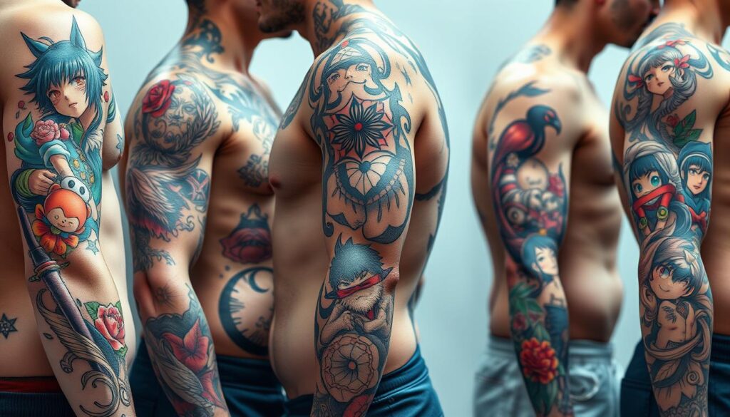 A hyper-realistic, highly detailed tattoo illustration showcasing a variety of anime-inspired tattoo designs on different body parts. The foreground features lifelike depictions of intricate tattoos, including colorful, dynamic characters, iconic anime symbols, and flowing, stylized motifs, all rendered with exceptional precision and clarity. The middle ground showcases the tattoos placed on various body locations, such as the arm, chest, back, and leg, to highlight the best placement ideas for anime tattoos. The background is softly blurred, keeping the focus on the striking tattoo artistry. The lighting is natural and directional, casting subtle shadows that accentuate the depth and texture of the tattoos. The overall mood is one of reverence for the art of anime-inspired tattoos and the passion of their enthusiasts.