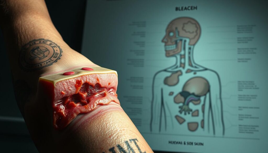 A hyper-realistic medical illustration showcasing the potential risks and side effects of the bleach tattoo procedure. In the foreground, a detailed cross-section of skin depicts the damaging effects of bleach on dermal and epidermal layers, with angry red inflammation, blistering, and chemical burns. In the middle ground, a close-up of a bleached tattoo reveals uneven discoloration, scarring, and irregular pigmentation. The background features a minimalist medical diagram highlighting the complex structure of human skin, emphasizing the fragility and vulnerability of this critical organ. Dramatic cinematic lighting casts dramatic shadows, conveying the gravity and seriousness of the subject matter. Rendered in a precise, technical style to educate and inform.