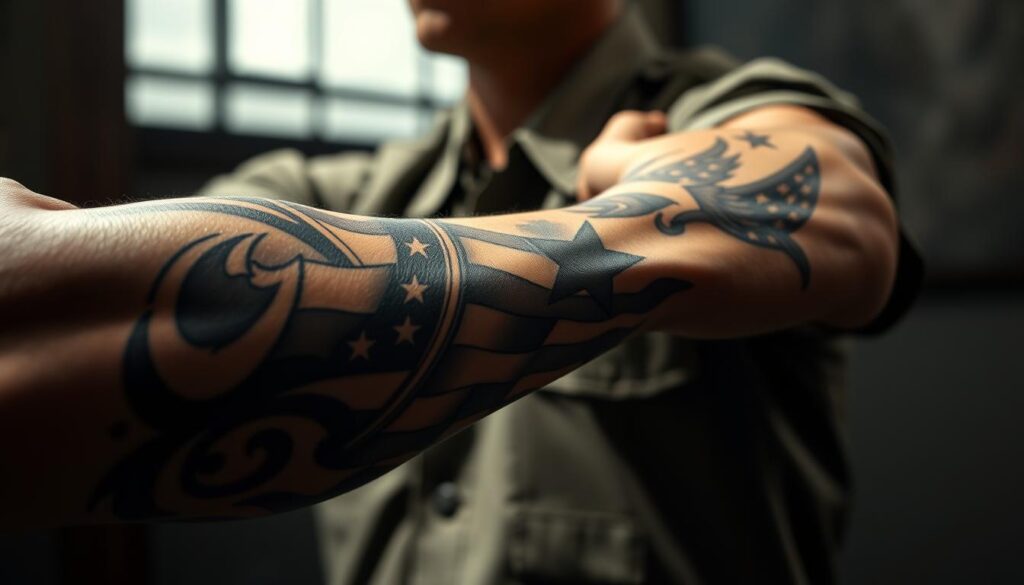 A hyper-realistic military-style tattoo covers a muscular arm, its intricate design evoking patriotism and discipline. In the foreground, the tattoo's bold lines and shaded textures are sharply in focus, showcasing the craftsmanship. The middle ground features the subject's uniformed arm, the sleeve rolled up to reveal the tattoo, conveying a sense of pride and adherence to regulations. The background is blurred, creating a sense of depth and emphasizing the tattoo as the central focus. The lighting is dramatic, casting shadows that accentuate the tattoo's dimensionality, evoking the solemnity and gravity of military service. The overall mood is one of reverence, highlighting how tattoos can reflect the core values of the armed forces.
