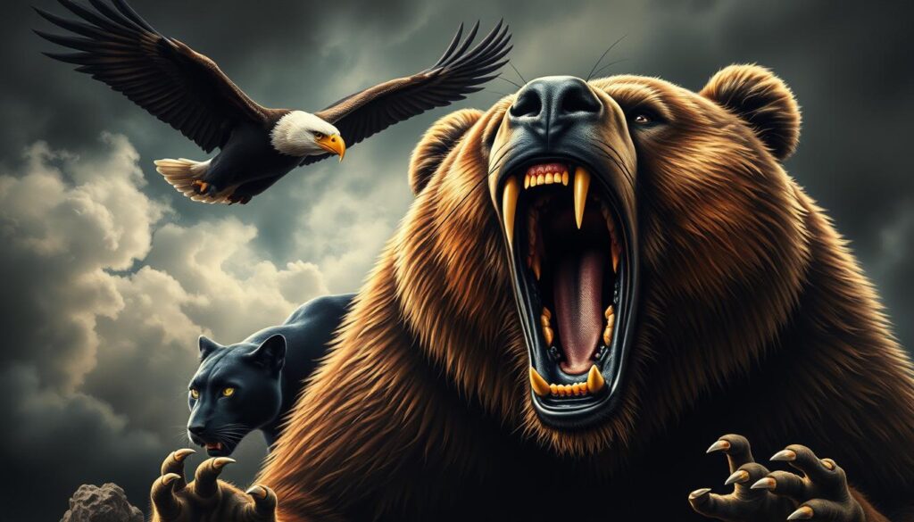 A hyper-realistic, oil painting style illustration of a traditional American tattoo flash sheet featuring three powerful predators in a dramatic, moody composition. The foreground shows a fierce grizzly bear, its massive jaws open in a ferocious roar, claws extended. Behind it, a sleek black panther stalks, its piercing yellow eyes filled with intense focus. In the background, a majestic bald eagle soars, its wings outstretched against a stormy, cloudy sky. The lighting is dramatic, with heavy shadows and highlights that accentuate the raw, primal energy of the animals. The overall mood is one of raw, untamed power and the indomitable spirit of nature's apex predators.