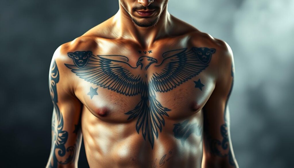 A hyper-realistic portrait of Neymar Jr, his torso covered in intricate tattoos depicting symbolic animals. The foreground focuses on his sculpted physique, the skin inked with detailed designs of a fierce lion, a graceful eagle, and a powerful panther. The middle ground showcases the interplay of these animal motifs, creating a mesmerizing visual tapestry. The background is hazy and atmospheric, drawing the viewer's gaze to the tattoos as the central focus. The lighting is dramatic, casting dramatic shadows that accentuate the contours of his body and the richness of the ink. Captured with a high-resolution camera lens, the image conveys the profound personal significance of Neymar's tattoo collection.