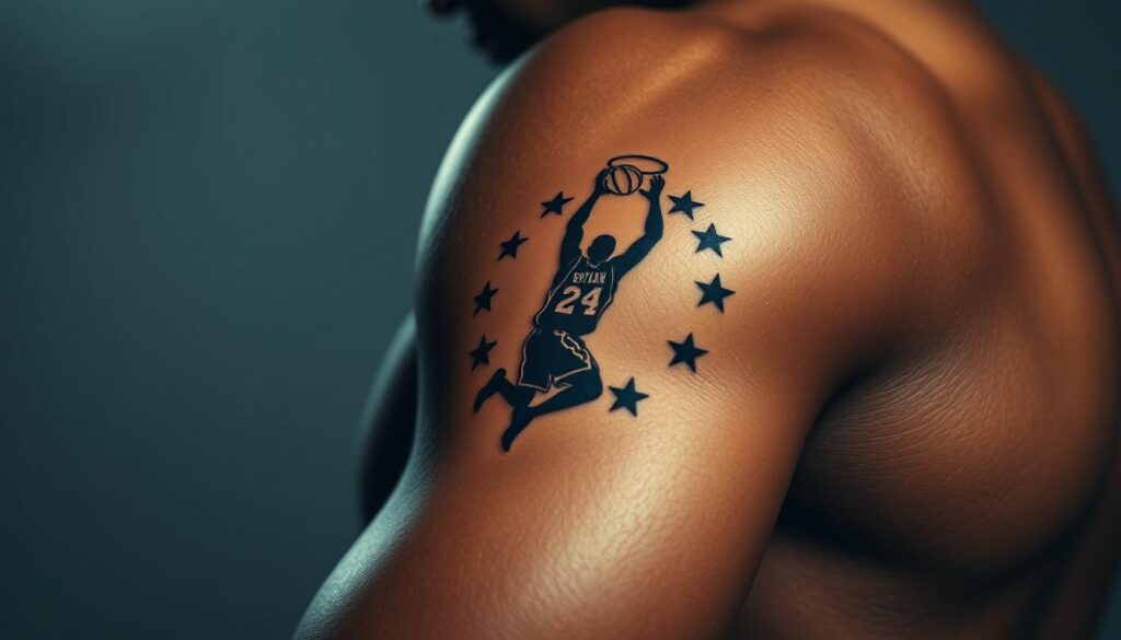 A hyper-realistic portrait of a tattoo on a muscular arm, honoring the legacy of legendary NBA player Kobe Bryant. The tattoo depicts Bryant's iconic silhouette dunking a basketball, surrounded by a ring of stars and a halo. The artwork is finely detailed, with a striking contrast between the black ink and the subject's tanned skin. The lighting is soft and diffused, creating a reverent, almost sacred atmosphere. The camera angle is slightly elevated, emphasizing the size and prominence of the tribute tattoo. The background is blurred, keeping the focus solely on the intricate tattoo design.
