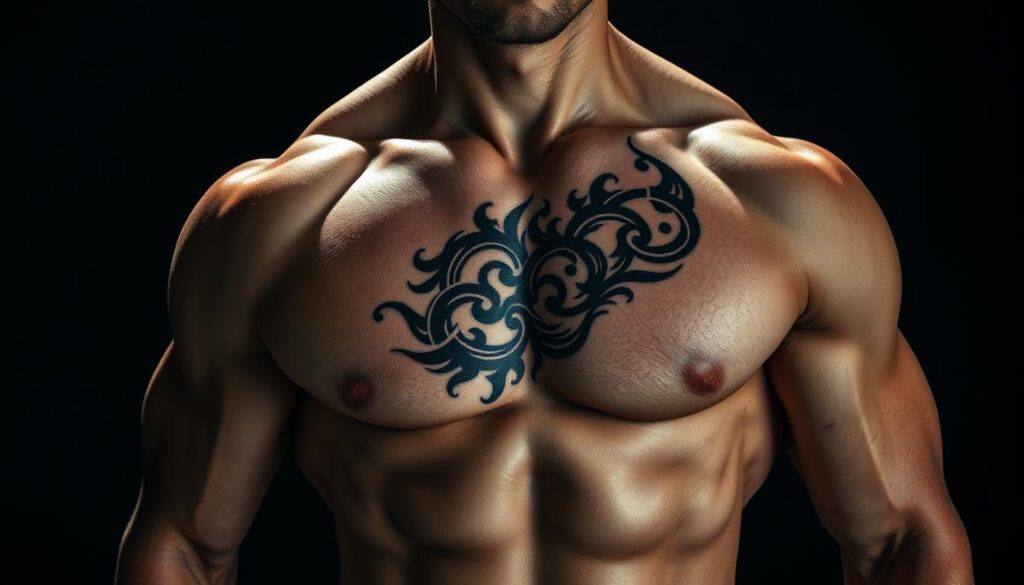 A hyper-realistic portrait showcasing the strategic placement of a tattoo design on a muscular male torso. The tattoo wraps elegantly around the contours of the pectorals, deltoids, and biceps, accentuating the underlying musculature. Dramatic, directional lighting casts dramatic shadows, highlighting the sculpted physique. The skin texture appears lifelike, with pores and subtle imperfections visible. The tattoo itself features a bold, intricate pattern that seamlessly integrates with the body's natural forms, creating a harmonious, visually striking composition. The overall mood is one of athletic prowess and intentional, thoughtful body art.