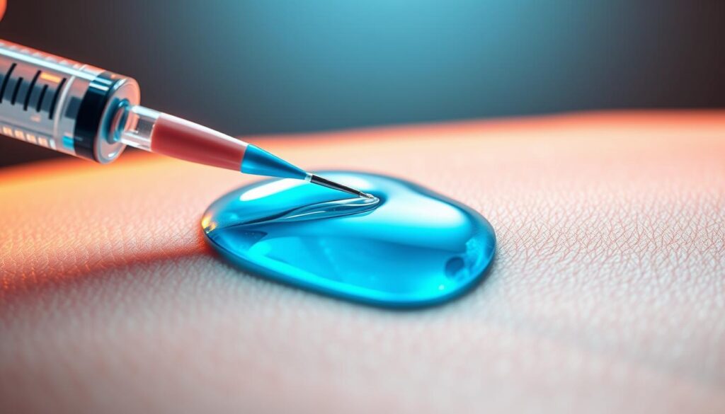 A hypodermic needle slowly penetrating the skin, exposing the underlying layers of tissue. A vibrant blue gel-like substance, lidocaine, gradually diffusing through the dermal layers, causing a numbing sensation. The process captured in a cross-sectional view, highlighting the intricate anatomy with scientific precision. Warm, soft lighting casts a soothing glow, conveying the temporary relief and comfort provided by the numbing agent. The scene is composed with a sense of clinical detachment, allowing the viewer to observe the therapeutic procedure objectively.