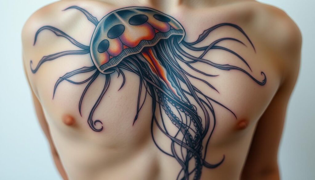 A large, detailed jellyfish tattoo design occupying a significant portion of the body. The jellyfish's translucent, flowing tentacles extend gracefully across the skin, with intricate patterns and textures capturing the delicate, ethereal nature of these marine creatures. The central body of the jellyfish is rendered in vibrant, jewel-toned colors, creating a striking and eye-catching focal point. The design is expertly crafted, with a sense of depth and dimension that makes the tattoo appear almost three-dimensional. Soft, diffused lighting illuminates the tattoo, highlighting the delicate details and creating a serene, underwater ambiance. The overall composition and execution of the design convey a sense of power, elegance, and the wearer's deep connection to the natural world.