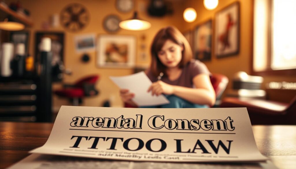 A legal document in the foreground, displaying the phrase "Parental Consent Tattoo Laws" in bold text. In the middle ground, an illustration of a parent signing the document, their expression conveying both concern and approval. The background depicts a tattoo parlor interior, with equipment and artwork visible, creating a sense of the regulated environment. Warm, soft lighting casts a professional, yet caring atmosphere, emphasizing the importance of the legal process and parental involvement in this decision. The overall composition suggests the delicate balance between personal expression and responsible guardianship.