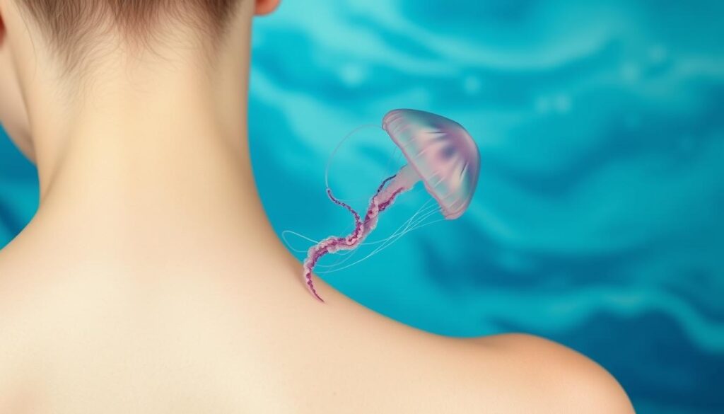 A lithe, graceful jellyfish undulating against a backdrop of ethereal, aquamarine waves. The creature's delicate tentacles curl and sway, their movement captured in vivid detail. The tattoo is positioned on the model's upper back, the jellyfish's sinuous form wrapping elegantly around the shoulder blade. Soft, diffused lighting from above casts a serene, underwater glow, highlighting the translucent qualities of the jellyfish's bell-shaped body. The overall impression is one of tranquility and fluid, oceanic beauty, a perfect representation of the jellyfish's symbolic ties to themes of fluidity, renewal, and the wonder of the natural world.