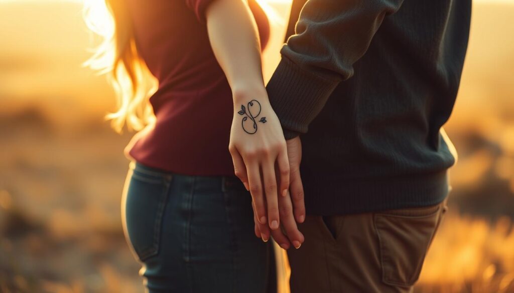 A loving couple standing together, their intertwined arms revealing matching tattoos that symbolize their shared bond. The design is intricate, a delicate blend of elegant lines and subtle shading that wraps around their wrists. Soft, warm lighting bathes the scene, casting a gentle glow and creating a sense of intimacy. The background is blurred, allowing the couple's connection to take center stage. The overall composition conveys a serene, romantic atmosphere, celebrating the beauty of self-expression and the power of togetherness.