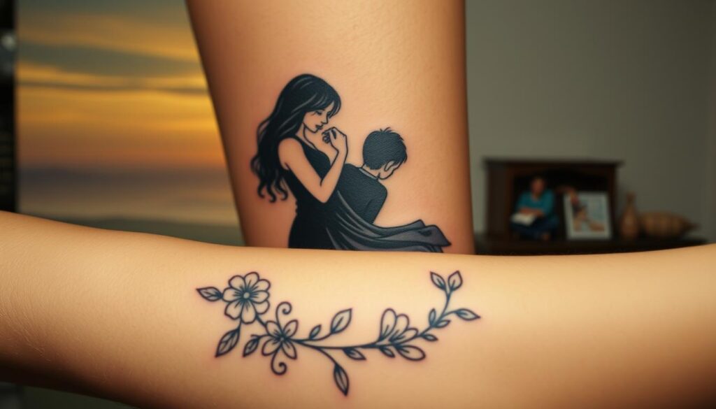 A loving family gathering, captured in an intricate tattoo design. In the foreground, a delicate floral motif intertwines with the silhouettes of a mother, father, and child, their embrace conveying a deep, unbreakable bond. The middle ground features a serene landscape, with rolling hills and a tranquil sunset sky, bathing the scene in a warm, golden glow. In the background, subtle details emerge, such as a family heirloom or a cherished memento, further emphasizing the significance of this permanent, meaningful mark. The composition is balanced and harmonious, mirroring the harmony and love within the family. Soft, diffused lighting and a slightly hazy, dreamlike quality add to the intimate, emotive atmosphere.