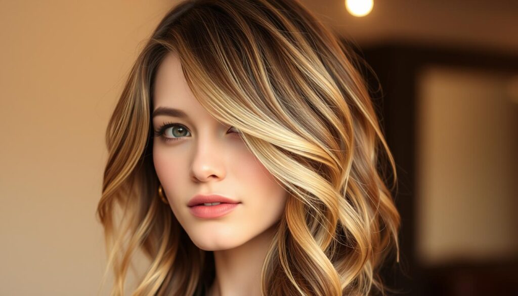 A low-maintenance, layered hairstyle with soft waves and subtle highlights. The hair cascades naturally, framing the face in a flattering, effortless manner. The lighting is warm and diffused, creating a relaxed, elegant atmosphere. The camera angle is slightly elevated, capturing the model's head and shoulders in a three-quarter view. The background is blurred, keeping the focus on the hairstyle's texture and movement.