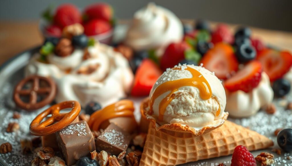 A luscious arrangement of salty ice cream desserts, meticulously crafted with artisanal flair. In the foreground, a scoop of rich, creamy salted caramel ice cream, adorned with shimmering flakes of sea salt, rests atop a golden waffle cone. Surrounding it, an assortment of complementary treats - a slice of decadent chocolate-dipped pretzel, a sprinkle of crushed candied nuts, and a dusting of powdered sugar. The middle ground features a delicate pavlova, its crisp meringue shell providing a delightful contrast to the icy dessert. In the background, a vision of vibrant, juicy berries, their tartness perfectly balancing the salty indulgence. Soft, natural lighting illuminates the scene, creating a warm, inviting atmosphere that beckons the viewer to indulge in this unique and captivating culinary experience.