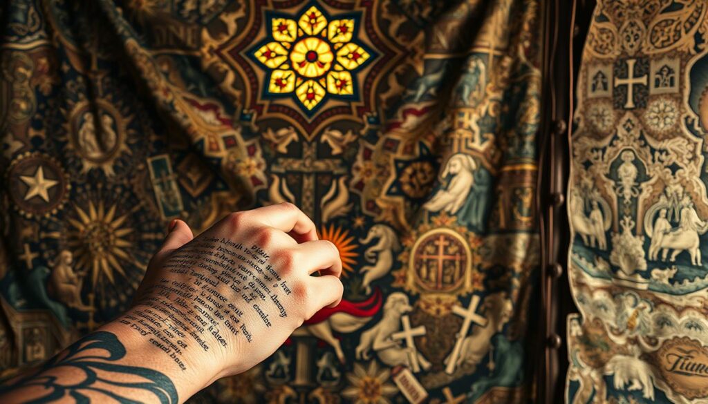 A lush, ancient tapestry unfurls, revealing intricate patterns of religious symbols and iconography, woven into the very fabric of a diverse cultural heritage. In the foreground, a weathered hand delicately traces the intricate lines of a Bible verse, captured in the form of a beautifully rendered tattoo. The middle ground showcases a kaleidoscope of religious imagery, from ornate crosses to symbolic animals, all illuminated by a warm, golden light filtering through a stained-glass window. In the background, a rich, textured wall serves as a canvas for this tapestry of faith, its uneven surface adding depth and character to the scene. The overall atmosphere is one of reverence, history, and the enduring power of religious expression through the medium of body art.