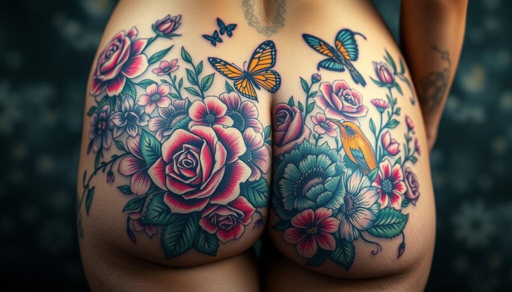 A lush, detailed floral and animal butt tattoo design. The foreground features vibrant, intricate florals - roses, lilies, and other blooms in a rich, jewel-toned palette. Interwoven with the flowers are graceful, lifelike animal forms - a butterfly, hummingbird, and small woodland creatures. The background has a moody, dreamlike quality with soft, atmospheric lighting, hinting at the natural world. The composition is balanced and harmonious, creating a visually striking and meaningful tattoo design. The overall aesthetic is both beautiful and organic, befitting the section on nature-inspired butt tattoos.