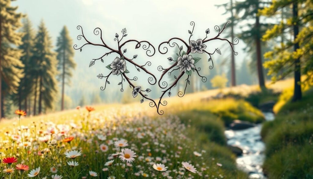 A lush, nature-inspired composition depicting delicate soulmate tattoos. In the foreground, two intertwined branches form the shape of a heart, adorned with intricate floral designs and swirling vines. The middle ground features a field of wildflowers in soft, muted tones, with petals gently drifting in a warm, ambient light. In the background, a serene forest landscape with towering trees and a glimmering stream creates a peaceful, everlasting backdrop. The overall mood is one of timeless, harmonious love, captured through the natural elements and the elegant, meaningful tattoo designs.